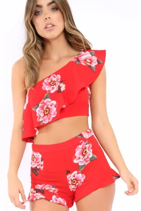 Red Floral One Shoulder Co-ord - Ivree